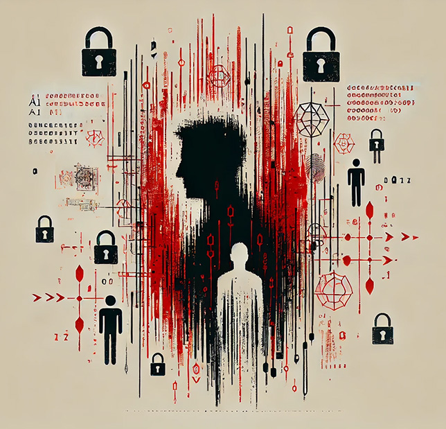 simplified, abstract illustration focusing on the negative side of generative AI misuse, balancing the concepts of cybersecurity and human impact