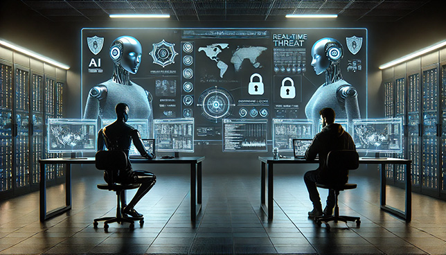 scene in a cybersecurity operations center, showing an AI and a human competing head-to-head